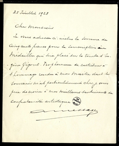 Lettre d'André Messager à Jean Huré