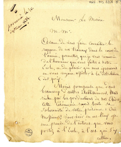 Discours de Jean-Michel Mercier, de Versailles, peintre d'histoire, aux distributions des prix de l'Ecole de dessin d'Angers dont il était directeur