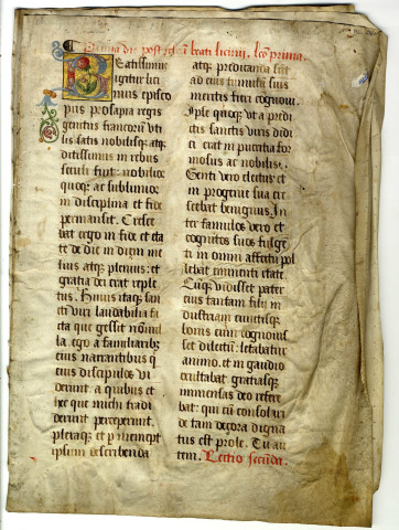 Fragment d'un lectionnaire ou d'un passionnaire contenant les leçons pour l'octave de saint Lézin, évêque d'Angers (14 - 20 février)