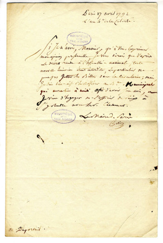 Correspondance de Jérôme Pétion de Villeneuve [à Duportail]