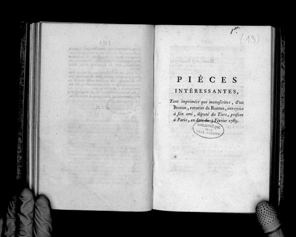 Pièces intéresantes, tant imprimées que manuscrites, d'un breton roturier de Rennes, envoyées à son ami, député du tiers, présent à Paris, le 3 février 1789