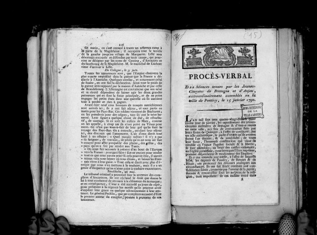 Procès-verbal des séances tenues par les jeunes citoyens de Bretagne et d'Anjou extraordinairement assemblés en la ville de Pontivy, le 15 janvier 1790