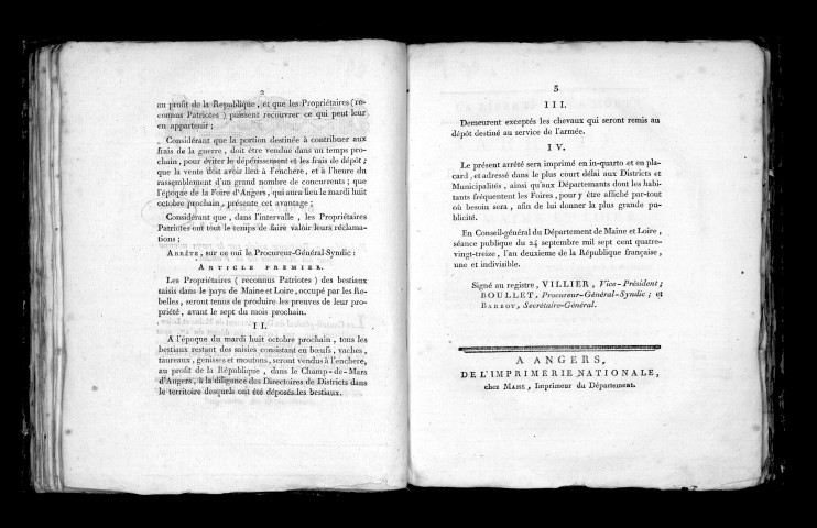 Arrêté du conseil général du département de Maine-et-Loire, relatif aux bestiaux saisis sur le pays occupé par les rebelles de la Vendée. Séance publique du 24 septembre 1793