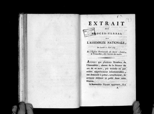 Extrait du procès-verbal de l'Assemblée nationale, du lundi 22 juin 1789. En l'église paroissiale de Saint-Louis, à Versailles, dix heures du matin