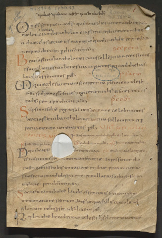 Propre de la messe de saint Barthélemy apôtre, de sainte Sabine et de la décollation de saint Jean-Baptiste. Fragment d'un sacramentaire ou d'un pontifical (IXe-Xe siècle)