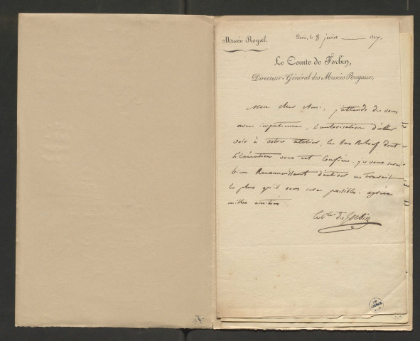 Correspondance passive de Pierre-Jean David d'Angers provenant de la collection d'André Bruel. Dossier 3, Lettres autographes du Comte Louis Nicolas Auguste de Forbin à David d'Angers