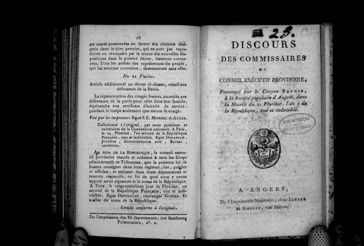 Discours des commissaires du conseil exécutif provisoire, prononcé par le citoyen Baudin à la Société populaire d'Angers, le 21 pluviôse an II