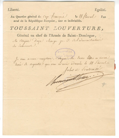 Correspondance de Toussaint-Louverture [au citoyen Doize]