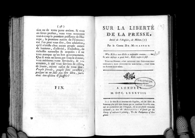 Sur la liberté de la presse. Imité de l'anglais de Milton, par le comte de Mirabeau