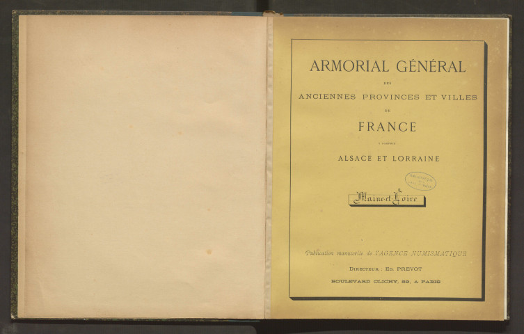 Album de 17 planches montées sur onglets contenant les armoiries d'Anjou, d'Angers, Beaupreau, Beaufort, Cholet, Le Lion d'Angers, Montreuil-Bellay, Montsoreau, Saint-Florent le Vieil, Saumur, Savennières et Segré. D'après d'Hozier, Malte-Brun, G. de Saint-Fargeau, H. Simon
