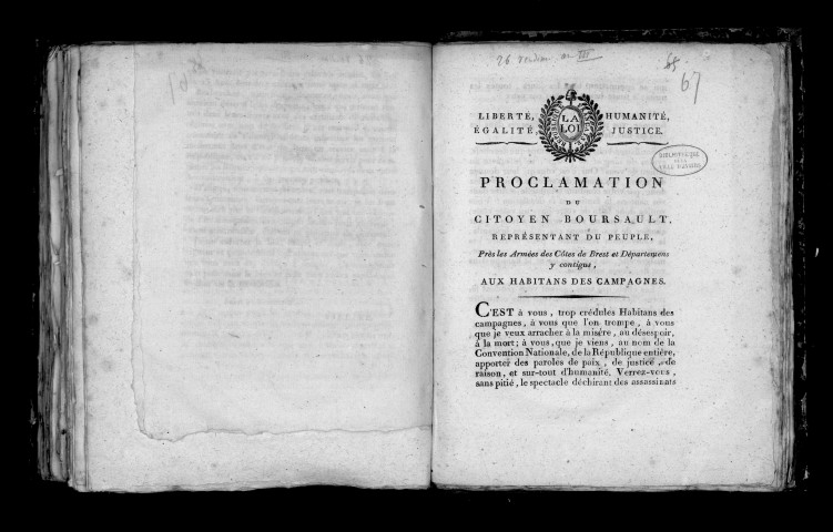 Proclamation du citoyen Boursault, représentant du peuple près les armées des côtes de Brest et départements y contigus, aux habitants des campagnes