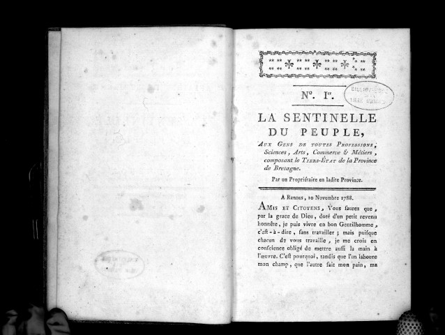 La Sentinelle du peuple, aux gens de toutes professions... composant le Tiers-État de la province de Bretagne, par un propriétaire en ladite province. N. 1 [-5], 10 novembre [-25 décembre] 1788