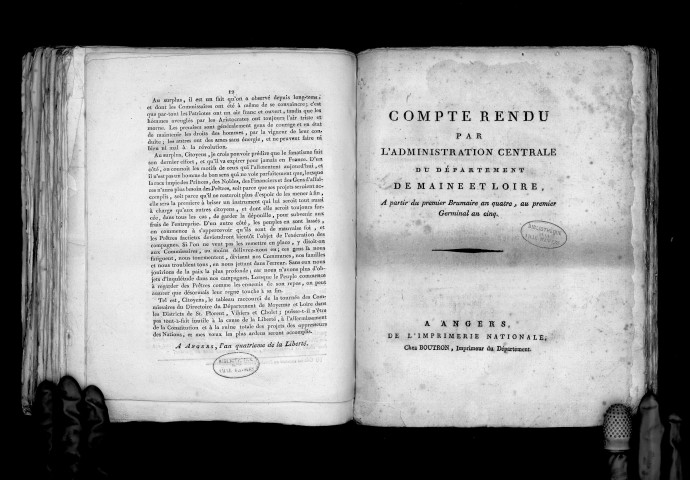 Compte-rendu par l'administration centrale du départ. de Maine-et-Loire, du 1er brumaire an IV au 1er brumaire an V