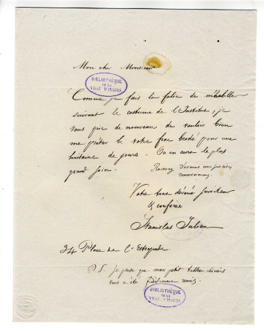 Correspondance de Stanislas Julien [à Pierre-Jean David d'Angers]