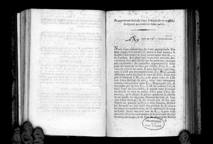 Traduction littérale d'une lettre écrite en anglais et déposée au Comité de salut public, 29 juin 1793