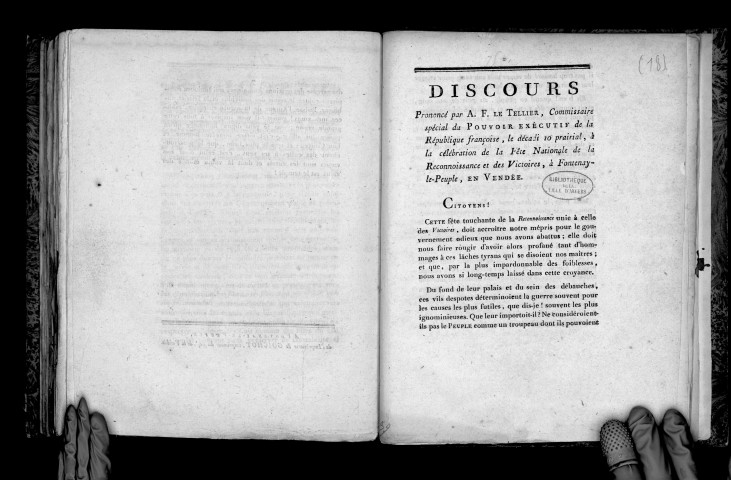 Discours prononcé par A.-F. Letellier, commissaire spécial du pouvoir exécutif de la République française, le décadi 10 prairial, à la célébration de la fête nationale de la Reconnaissance et des Victoires, à Fontenay-le-Peuple en Vendée