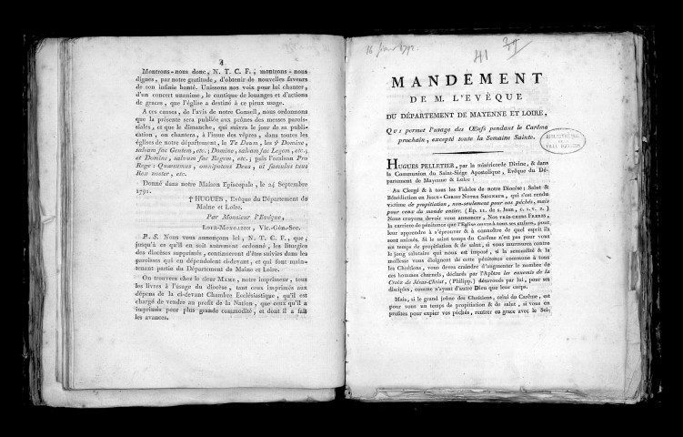 Mandement de M. l'évêque du département de Maine-et-Loire, qui permet l'usage des oeufs pendant le carême prochain, excepté toute la semaine sainte