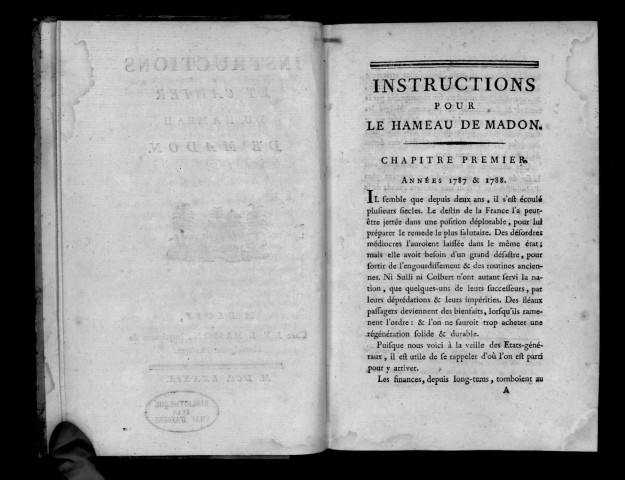 Instructions et cahier du hameau de Madon