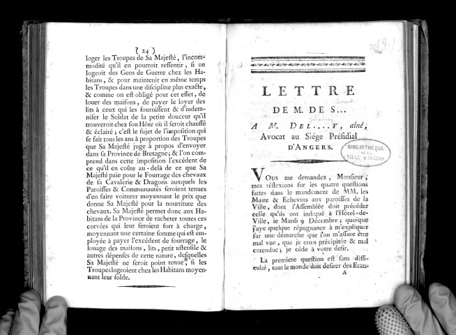 Lettre de M. de S...t (de Serrant) à M. Del...y aîné (Delaunay), avocat au présidial d'Angers
