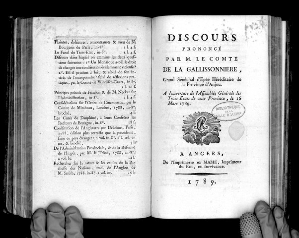 Discours prononcé par M. le Cte de la Galissonnière, grand sénéchal d'épée héréditaire de la province d'Anjou, à l'ouverture de l'Assemblée générale des trois états de cette province, le 16 mars 1789