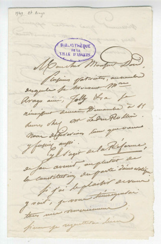 Correspondance d'Étienne Arago [à Pierre-Jean David d'Angers]