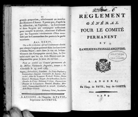 Règlement général pour le comité permanent et la milice nationale angevine