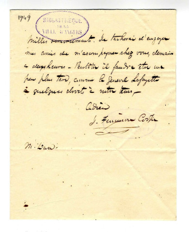 Correspondance de Cooper Fenimore avec Pierre-Jean David d'Angers