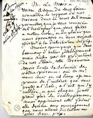 Discours de Jean-Michel Mercier, de Versailles, peintre d'histoire, aux distributions des prix de l'Ecole de dessin d'Angers dont il était directeur