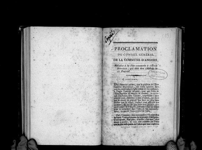 Proclamation du conseil général de la commune d'Angers, relative à la fête consacrée à l'Etre suprême, qui doit être célébrée le 20 prairial