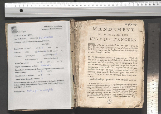 Manuel ou abrégé des règles nécessaires pour bien chanter l'office divin selon l'usage du diocèse d'Angers. Avec une méthode pour apprendre le plain-chant, et un recueil de ce que l'on chante le plus ordinairement à la messe et à l'office. Imprimé par ordre de Mgr Jean de Vaugirault, évêque d'Angers