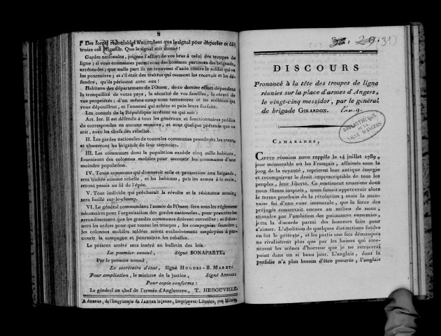 Discours prononcé à la tête des troupes de ligne réunies sur la place d'armes d'Angers, le 25 messidor an IX, par le général Girardon