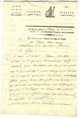 Correspondance du général Kellermann [au citoyen Villars, envoyé extraordinaire de la République française à Gênes]