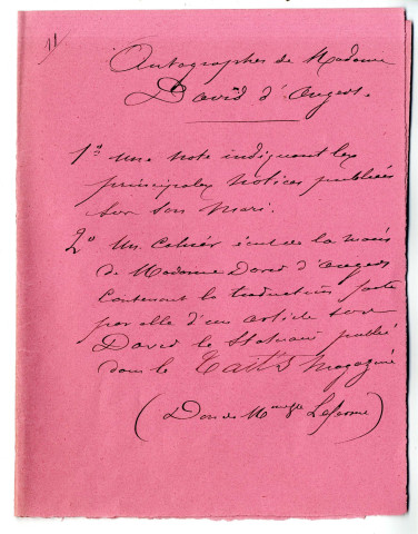 11 - Autographes de Mme David d'Angers