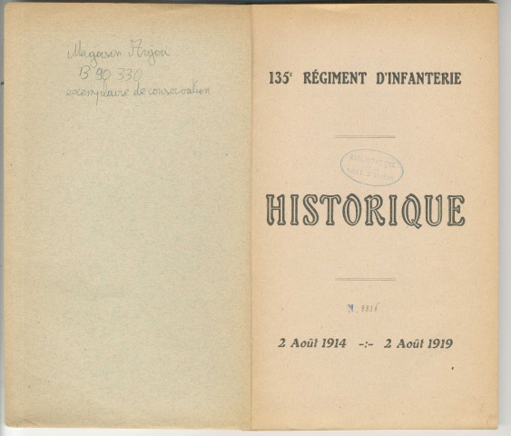 Historique du 135ème régiment d'Infanterie 2 août 1914-2 août 1919