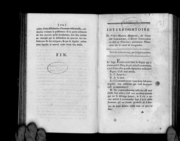 Interrogatoire de Victor-Maurice Riquet, dit comte de Caraman, ci-devant commandant en chef de Provence, maintenant pilote-cotier sur le canal de Languedoc