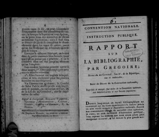 Rapport sur la bibliographie, par Grégoire, suivi du décret de la Convention nationale, séance du 22 germinal an II