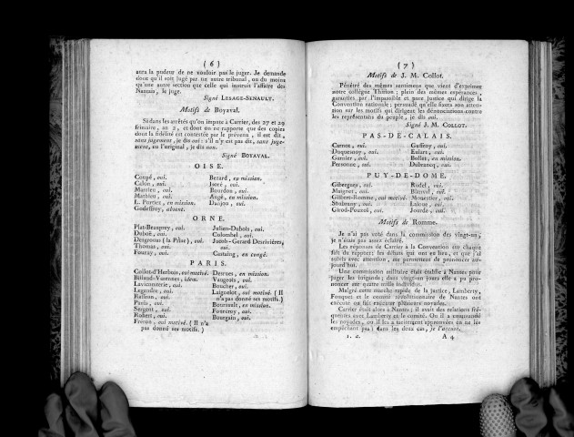 Appel nominal des 3 et 4 frimaire, l'an IIIe de la République, sur cette question : Y̧ a-t-il lieu à accusation, oui ou non, contre le citoyen Carrier, représentant du Peuple?̧
