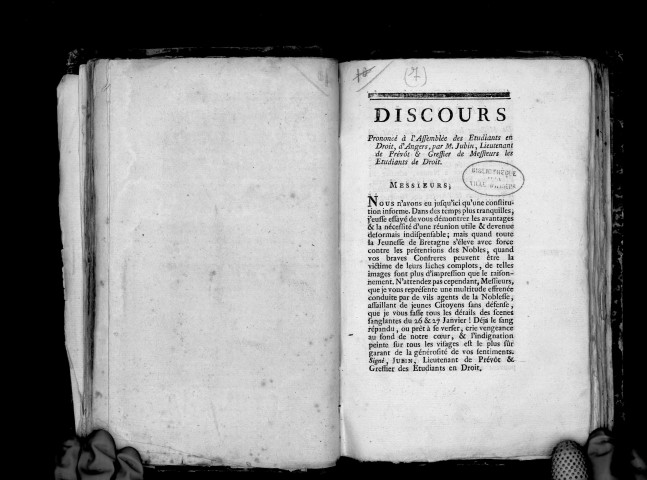 Discours prononcé à l'assemblée des étudiants en droit d'Angers, par M. Jubin, lieutenant de prévôt et greffier de messieurs les étudiants de droit