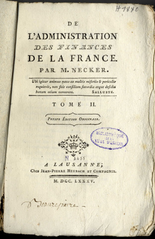 De l'administration des finances de la France, par M. Necker