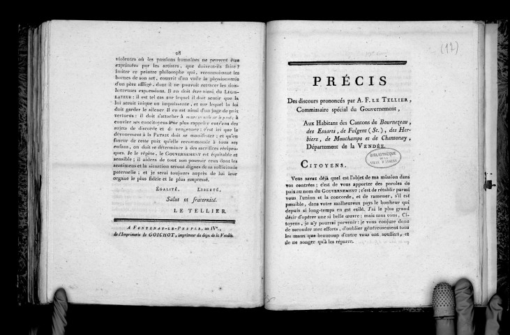 Précis des discours prononcés par A.-F. Le Tellier, commissaire spécial du gouvernement, aux habitants des cantons de Bournezeau, des Essarts, etc., département de la Vendée