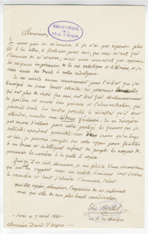 Correspondance de Elie Berthet, romancier [à Pierre-Jean David d'Angers]
