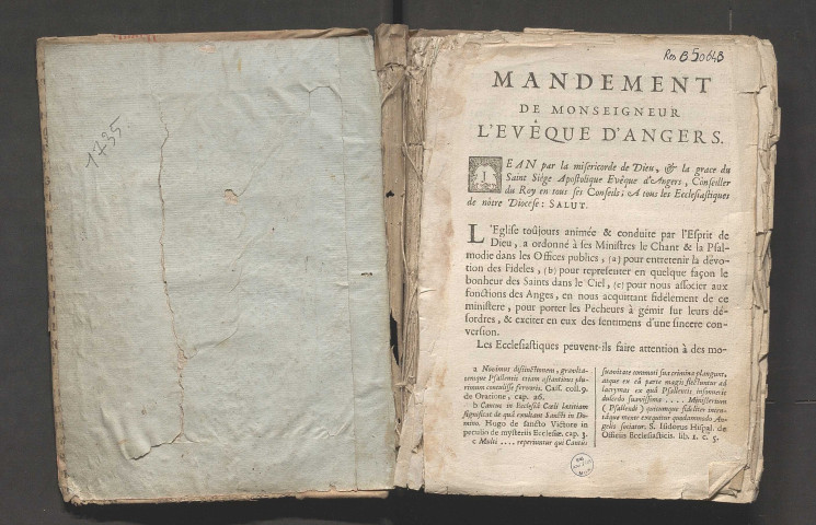 Manuel ou abrégé des règles nécessaires pour bien chanter l'office divin selon l'usage du diocèse d'Angers. Avec une méthode pour apprendre le plain-chant, et un recueil de ce que l'on chante le plus ordinairement à la messe et à l'office. Imprimé par ordre de Mgr Jean de Vaugirault, évêque d'Angers