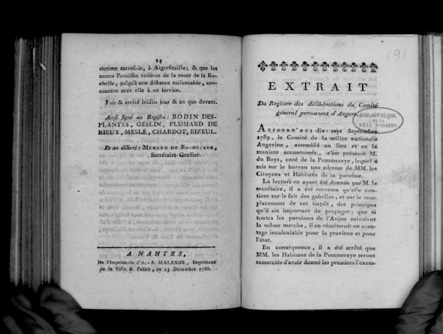Extrait du registre des délibérations du Comité général permanent d'Angers