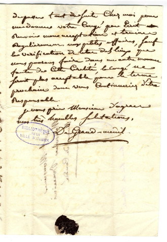 Correspondance de Grand Ménil [à M. Buarcini ?]