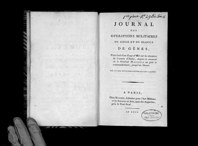 Journal des opérations militaires du siège et du blocus de Gênes, précédé d'un coup-d'oeil sur la situation de l'armée d'Italie... par un des officiers généraux de l'armée