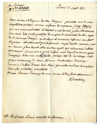Lettre de Charles-Henry Dambrey, chancelier de France et président de la Chambre des Pairs