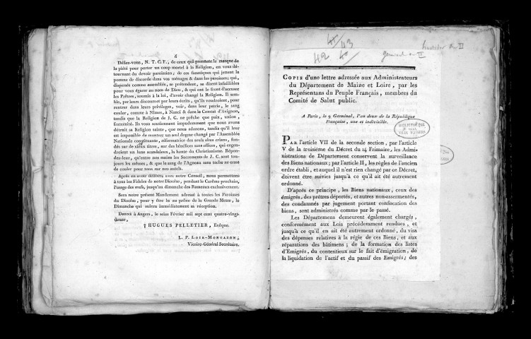 Mandement de M. l'évêque du département de Maine-et-Loire, qui permet l'usage des oeufs pendant le carême prochain, excepté toute la semaine sainte