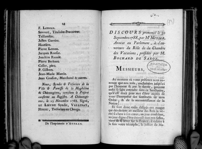 Discours prononcé le 30 septembre 1788 par Me Minier à l'ouverture du Rôle de la chambre des vacation