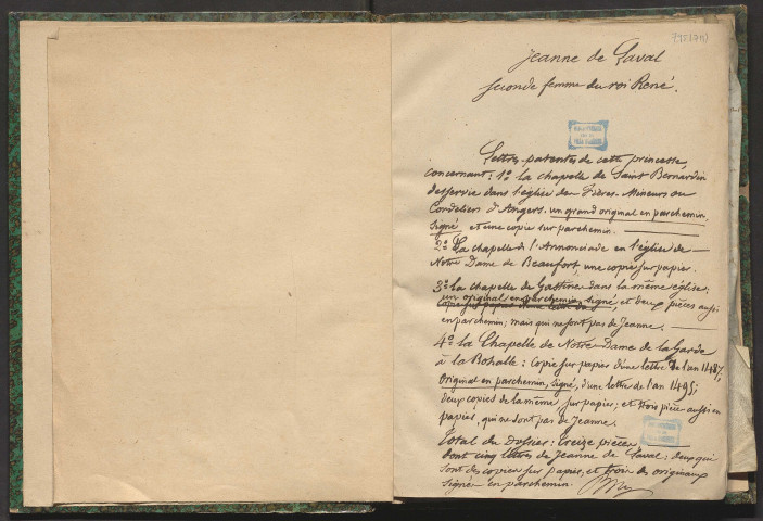 Collection de treize pièces relatives à diverses chapelles du diocèse d'Angers notamment à Beaufort-en-Vallée et à La Bohalle