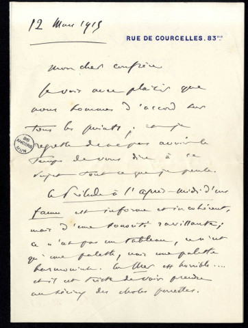 Lettre de Camille Saint-Saëns à Jean Huré